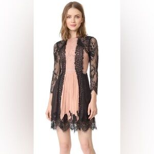 Alice + Olivia Kaylen 3/4 Sleeve Black and Nude Georgette/Corded Lace Dress